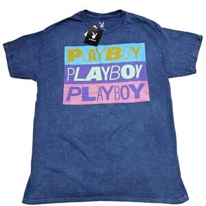 Playboy Women Size L Blue SpellOut Official Licensed Graphic‎ Print T-Shirt NEW